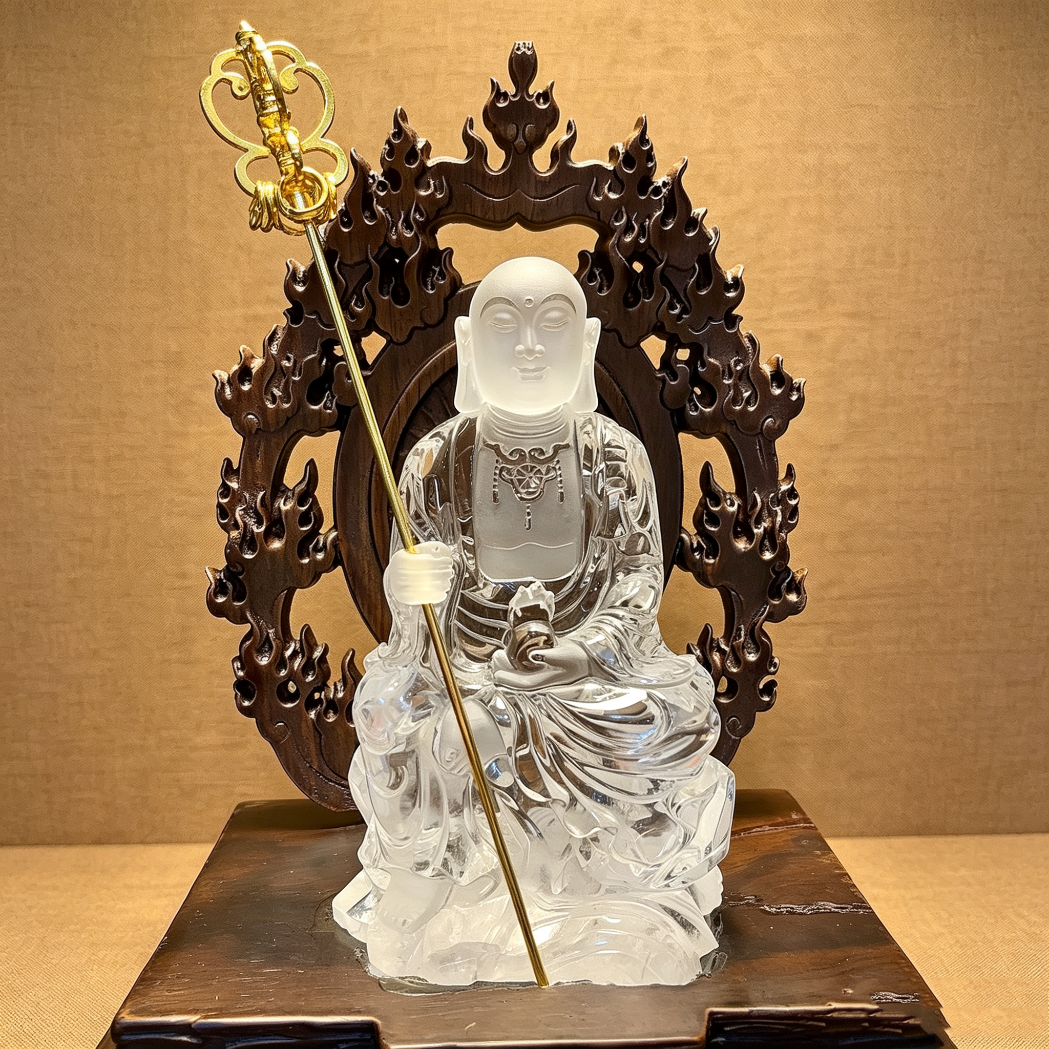天然白水晶地藏王菩萨摆件黑檀木底座居家供奉风水晶佛像收藏陈设