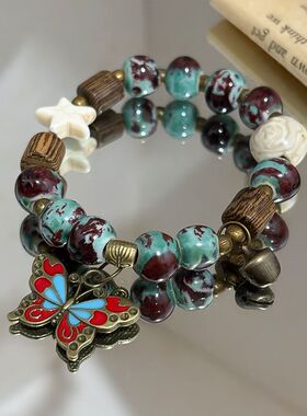 中式复古风蝴蝶手链陶瓷手串
