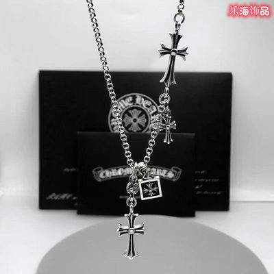 克罗十字架双吊坠项链网红同款欧美风长款情侣百搭复古颈链毛衣链