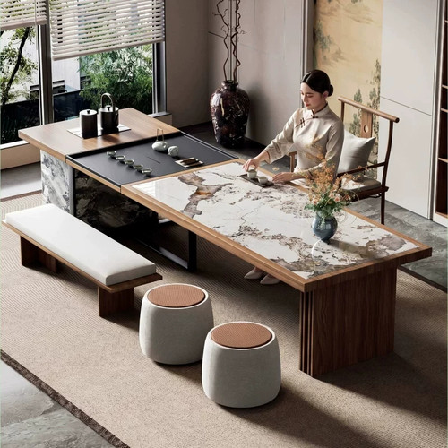 现代简约岩板茶桌会议桌一体两用客厅家用设计感茶台2026新款高端