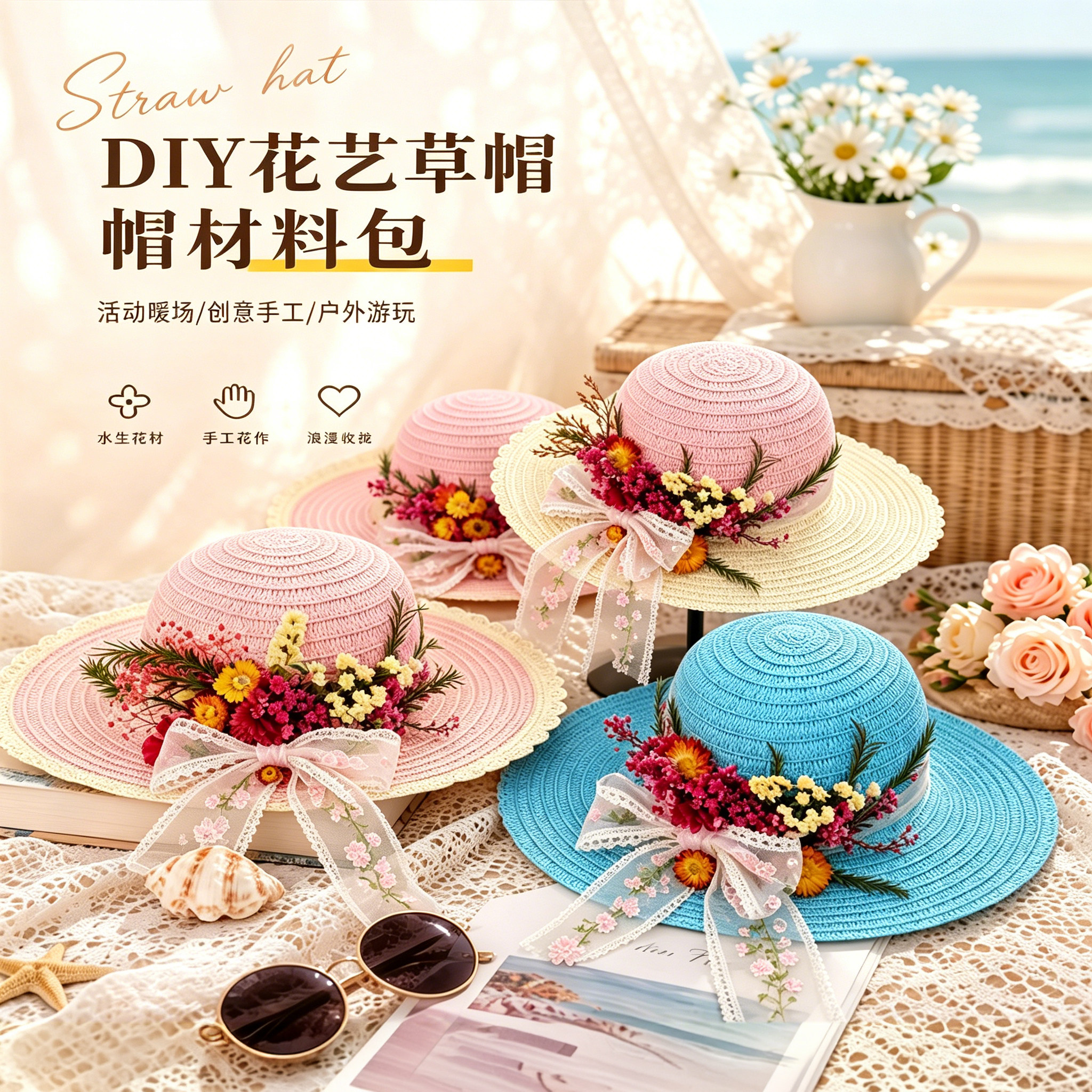 干花草帽手工diy帽子制作材料包花艺亲子团建暖场活动礼品端午节