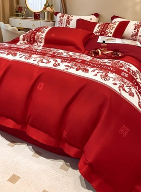 高档中式结婚四件套大红色床单被套全棉纯棉婚庆床上用品婚房婚嫁