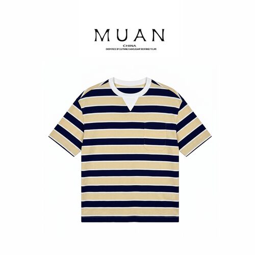 木岸muan版纳条纹T夏季100%棉简约百搭短袖条纹T恤女X-HH-6086