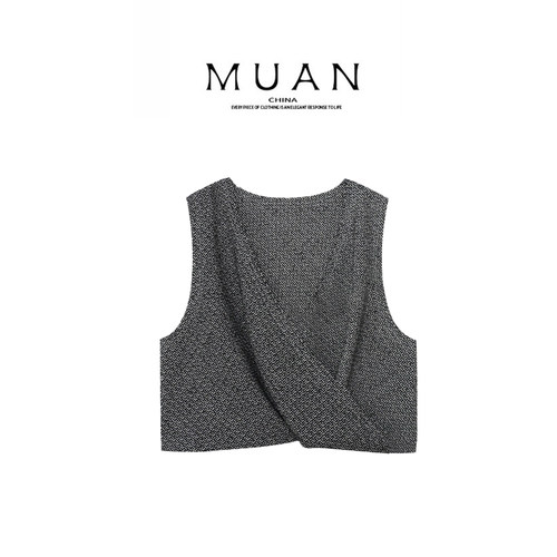 木岸muan巴黎花呢马甲定制夏季高级不规则上衣V领背心女YJ-23615