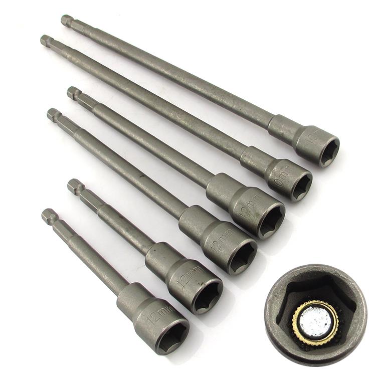 加长1/4强磁性六角风批套筒 6.3mm长旋具头 自钻尾螺丝套筒咀