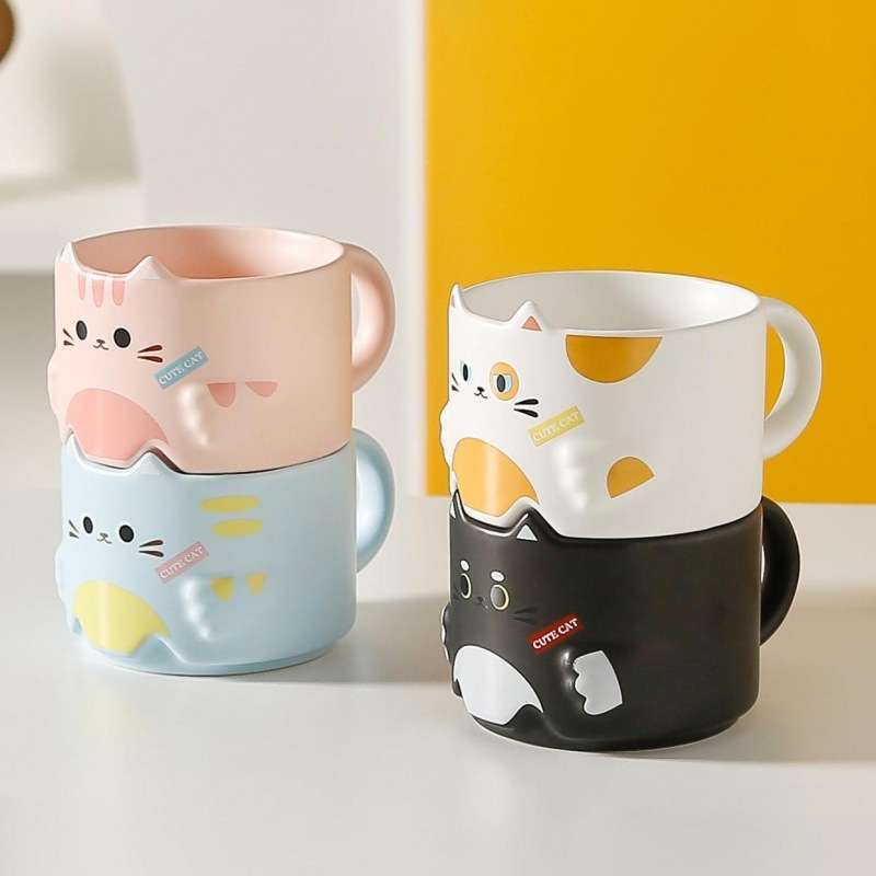 可爱猫咪陶瓷杯卡通马克杯情侣水杯叠叠对杯家用杯子礼品伴手礼
