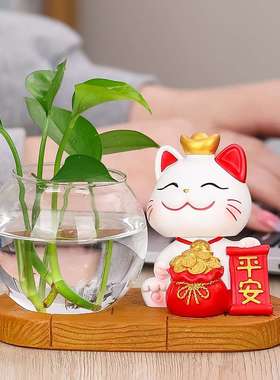 新款招财猫水培创意花瓶器皿花瓶客厅办公桌面装饰招财猫绿萝水培