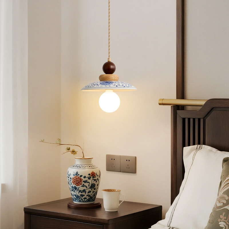 2026新款中式青花瓷原木中古风卧室床头吊灯餐厅书房玄关复古民宿