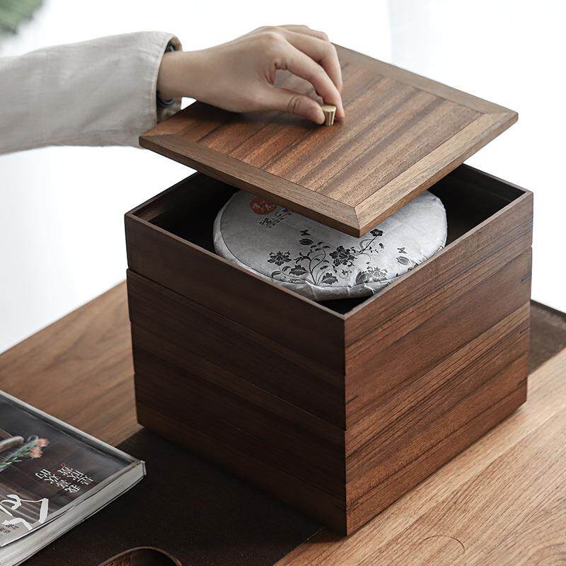 黑胡桃木普洱茶盒高档实木茶饼盒多层储茶饼收纳叠加分茶盘