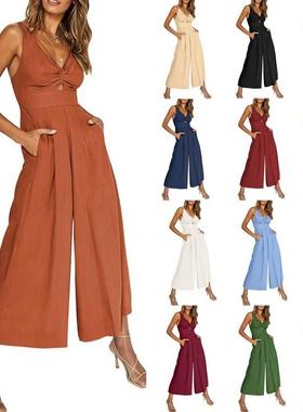 女装Women's jumpsuit with hollow drawstring pleated wide