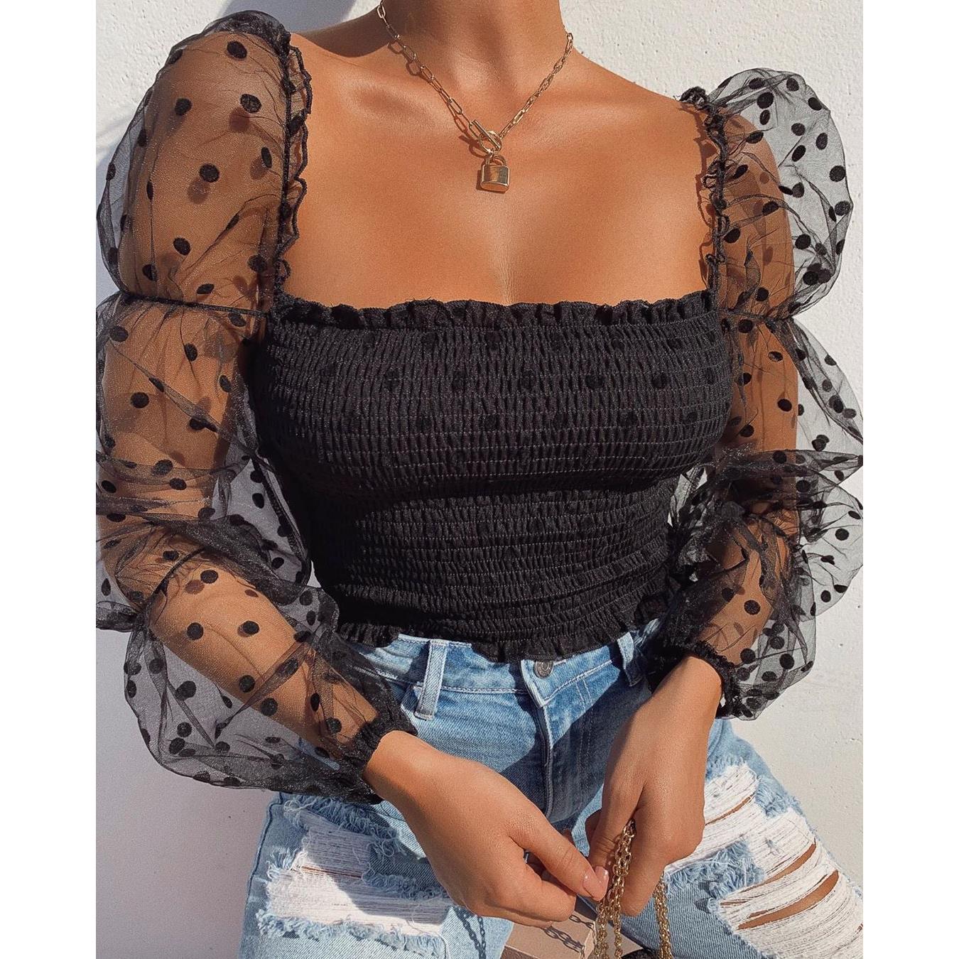 Mesh Shirt Square Neck Puff Sleeve Top 网纱衬衫泡泡袖上衣