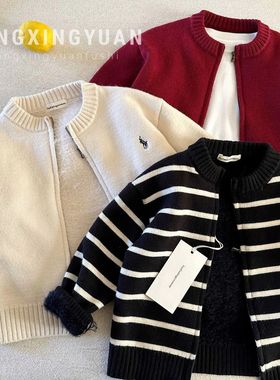日本品质童星圆儿童加绒毛衣冬款男童潮牌针织开衫男宝宝加厚保暖