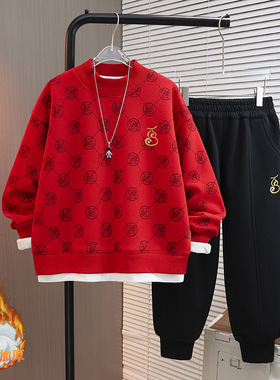 日本品质男童本命年红色加绒卫衣套装蛇年拜年服喜庆秋冬季男12岁