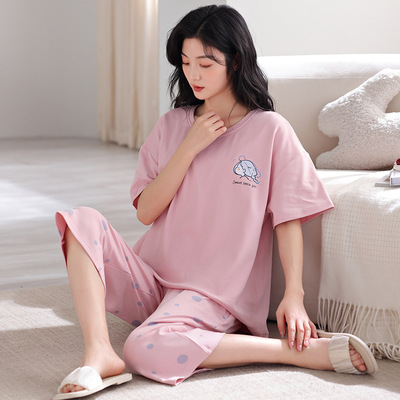 2025夏季甜美新款纯棉带胸垫睡衣女短袖宽松可爱风家居服薄款套装