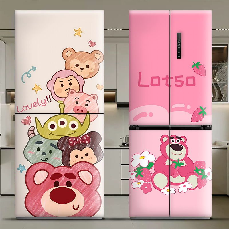 厨房草莓熊冰箱贴纸双开门卡通遮丑贴画侧面装饰门贴翻新自粘全贴