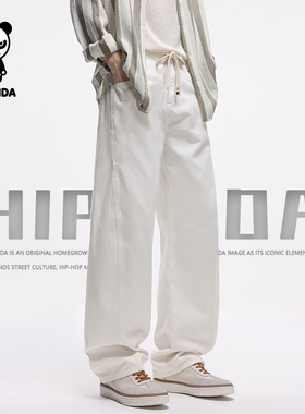 HIPANDA你好熊美式复古春季休闲牛仔裤男款宽松直筒简约白色长裤
