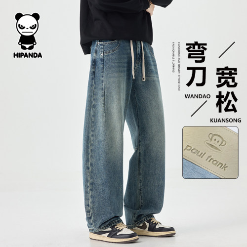 Hipanda你好熊猫美式弯刀牛仔裤男宽松直筒春秋季潮牌阔腿长裤子