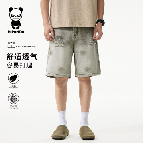 Hipanda你好熊猫水洗宽松牛仔短裤男款夏季直筒潮流休闲五分中裤
