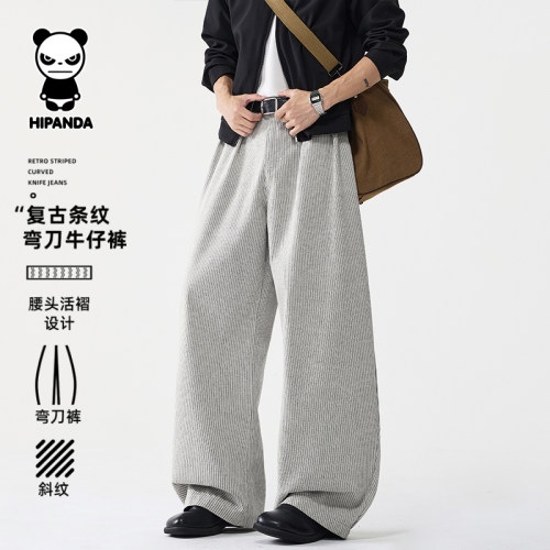 Hipanda你好熊猫日系复古条纹弯刀牛仔裤男秋款老钱宽松休闲裤子