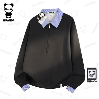 Hipanda你好熊猫假两件条纹拼接POLO领卫衣男秋季百搭休闲上衣女