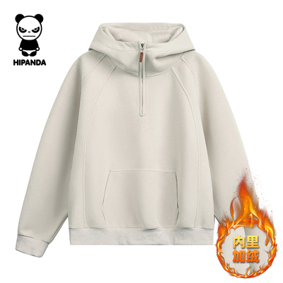 hipanda你好熊猫重磅加绒加厚连帽卫衣男秋冬宽松半拉链加厚帽衫