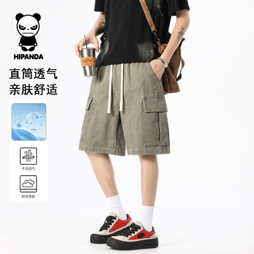 Hipanda你好熊猫牛仔短裤夏季水洗薄款宽松工装五分裤男款中裤子