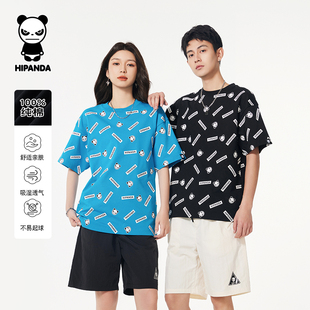 hipanda你好熊猫短袖男士春夏官方半袖潮情侣装上衣宽松白色T恤女