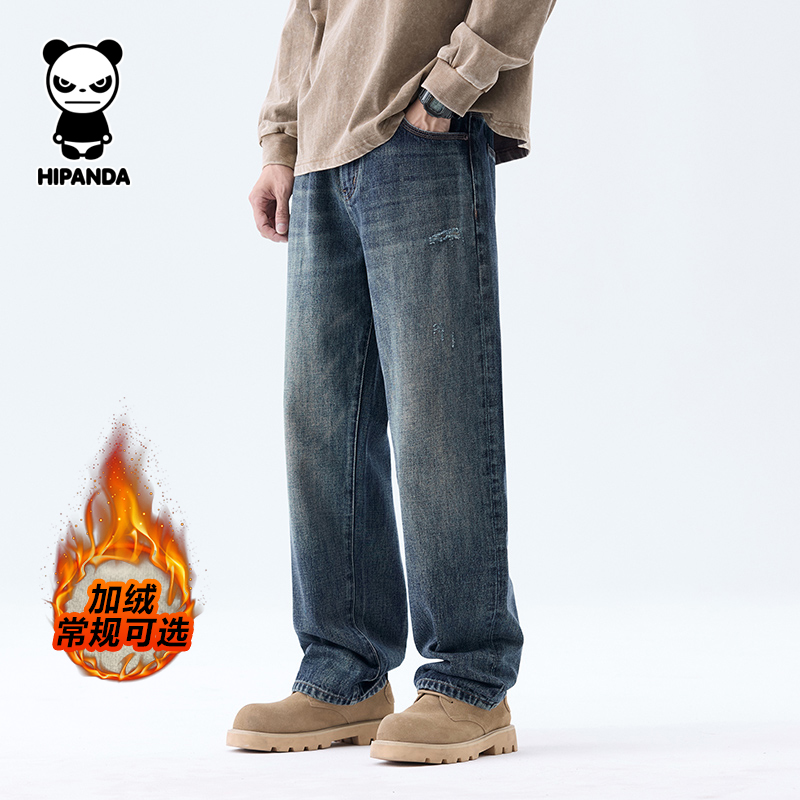 HIPANDA你好熊猫复古牛仔长裤男士秋冬宽松直筒加绒加厚休闲阔腿