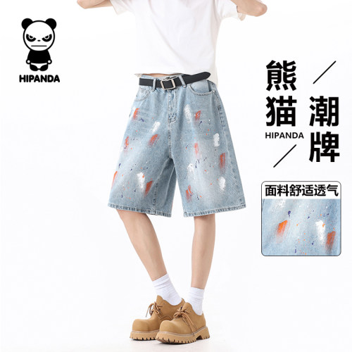 Hipanda你好熊猫牛仔短裤男夏季美式水洗直筒裤子痞帅休闲五分裤