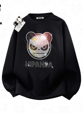Hi Panda你好熊猫烫钻圆领卫衣春秋款男女同款潮牌宽松镶钻上衣潮