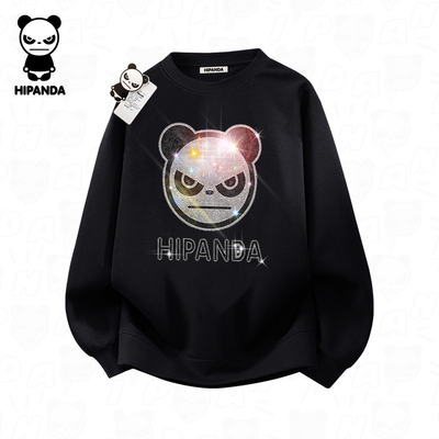 Hi Panda你好熊猫烫钻圆领卫衣春秋款男女同款潮牌宽松镶钻上衣潮