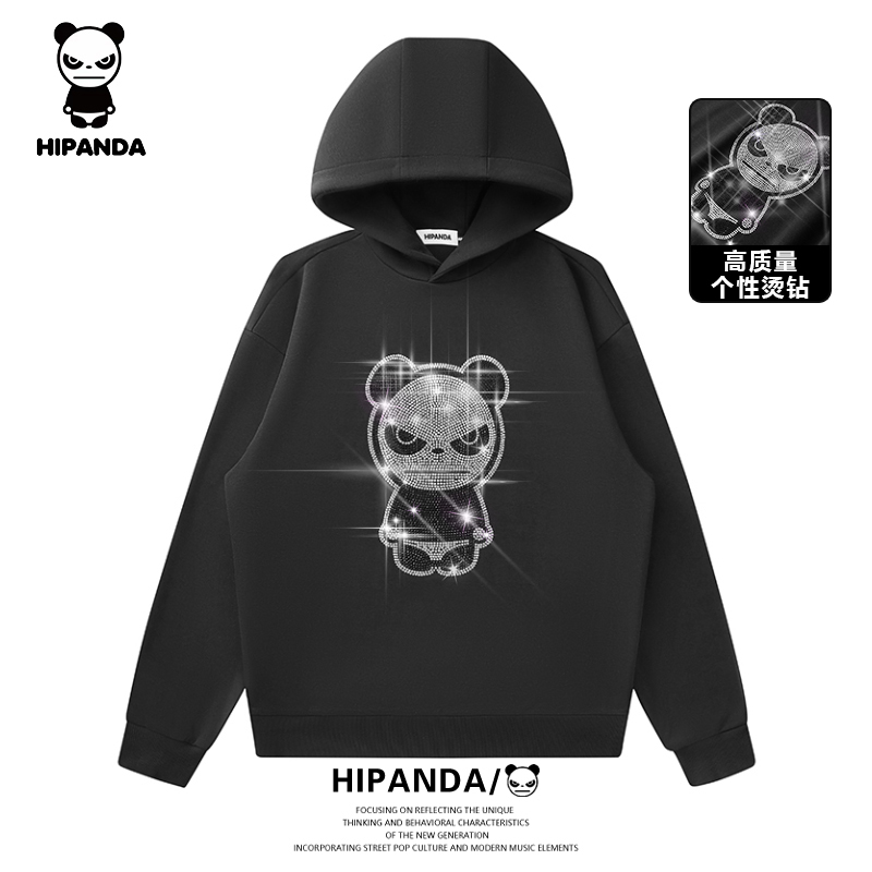 hipanda你好熊猫男女同款烫钻连帽卫衣经典图案休闲长袖镶钻外套