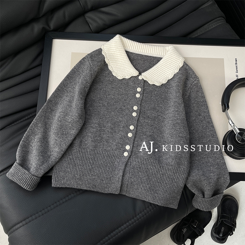 现【泰酷】秋冬装女童韩版时尚撞色翻领休闲针织毛衣开衫MPG7166