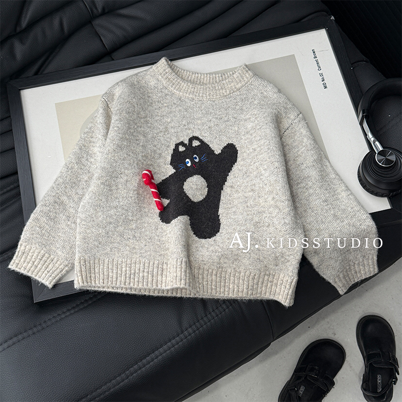 泰酷【可爱喵】秋冬装儿童撞色趣味猫咪提花休闲套头毛衣MPG7349