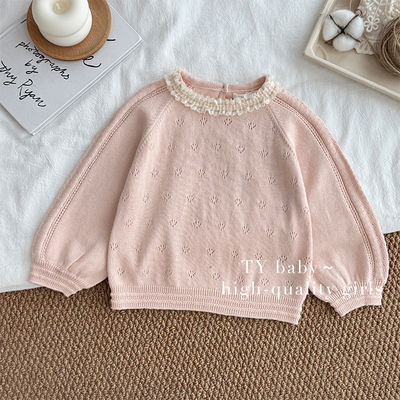 甜柚春装女小童韩版洋气甜美蕾丝花边针织套头毛衣NNT0505-NX1