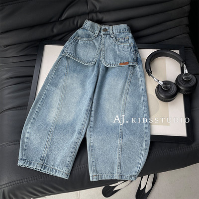 阿湫春夏装男女童韩版时尚洋气口袋弯刀阔腿牛仔裤MPG8185