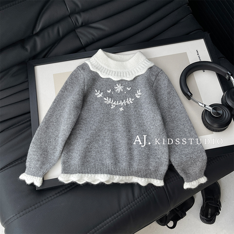 【泰酷】秋冬装女童韩版时尚荷叶领撞色刺绣软糯套头毛衣MPG7306