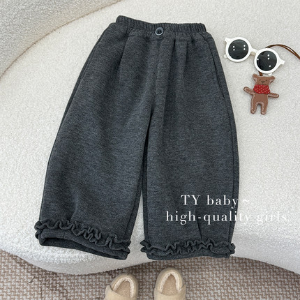 冬装女小童韩版时尚花边拼接加绒保暖休闲阔腿直筒裤HNYT0011-NX1