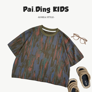 夏装儿童韩版潮流彩色艺术扎染休闲宽松字母短袖T恤SJ5566-XX3