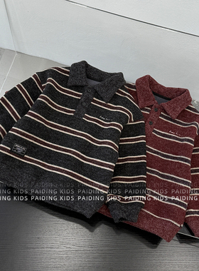 冬装儿童韩版时尚撞色条纹翻领两色休闲保暖针织毛衣SJ6958