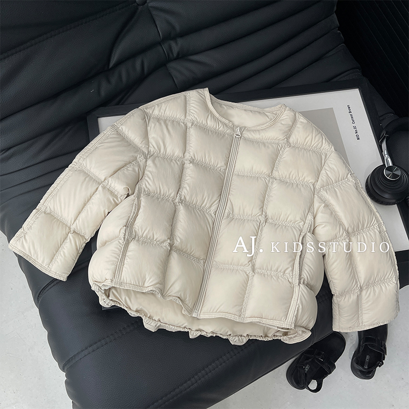 【泰酷】冬装男女童韩版素色系方格纹绗棉圆领加厚棉服MPG7257