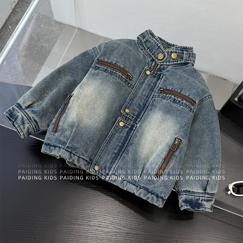 冬装儿童韩版时尚复古做旧水洗休闲加绒加厚牛仔外套HCXZ4646