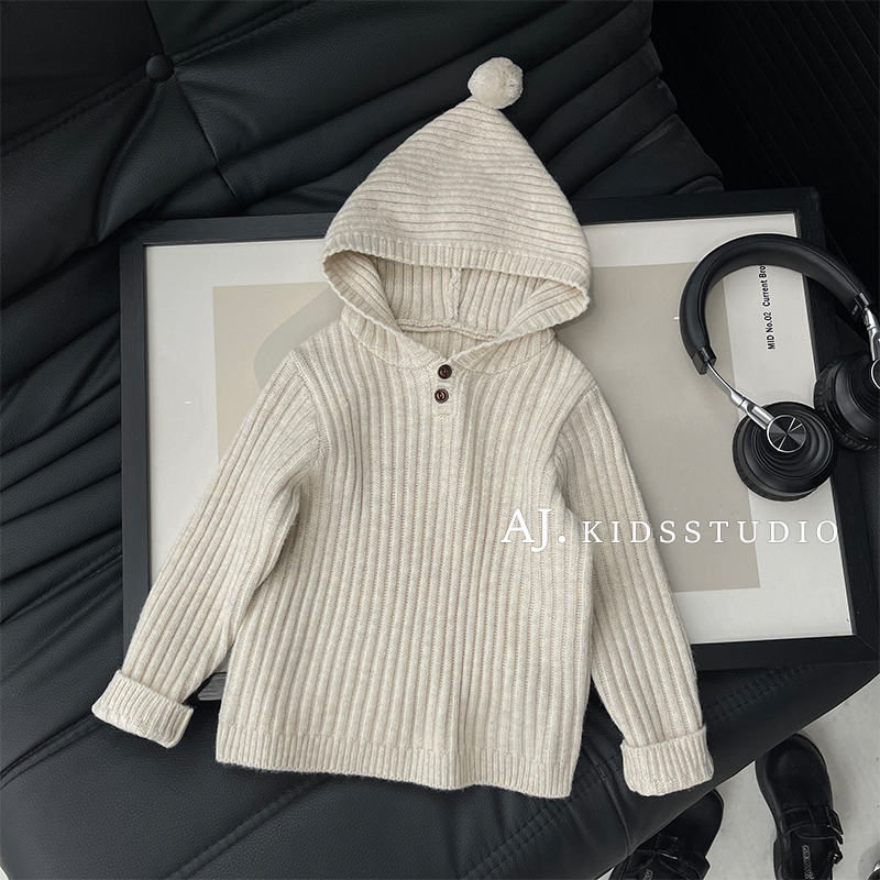 现【泰酷】秋冬男女童韩版纯色休闲毛球尖帽设计针织毛衣MPG7143