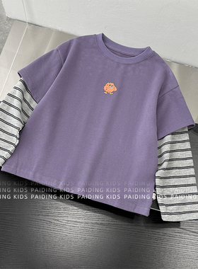 春装儿童韩版时尚美式撞色条纹卡通动漫假两件T恤SJ7191-CC1