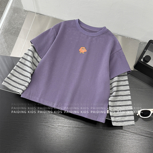 撞色条纹卡通动漫假两件T恤SJ7191 春装 美式 时尚 CC1 儿童韩版