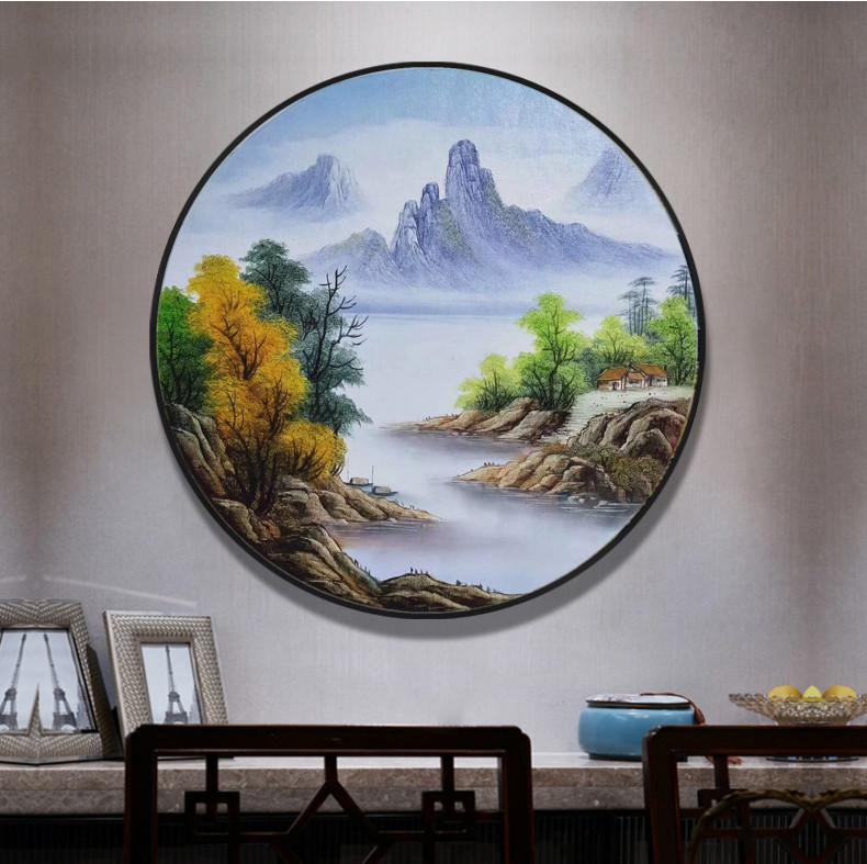 玄关圆形风景油画纯手绘装饰画山水画客厅餐厅入户简约新中式圆框图片