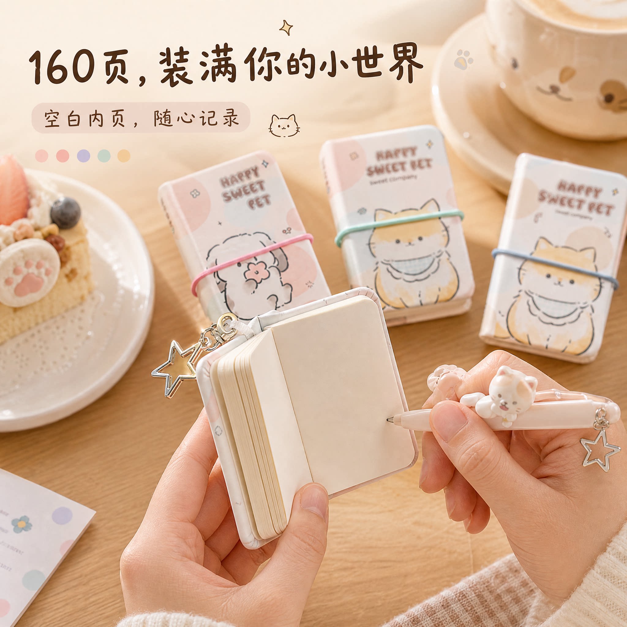 高颜值创意掌心空白手账本可爱卡通小猫笔记本迷你便携记事本空白内页随身记录本带钥匙扣挂件掌心本文具用品