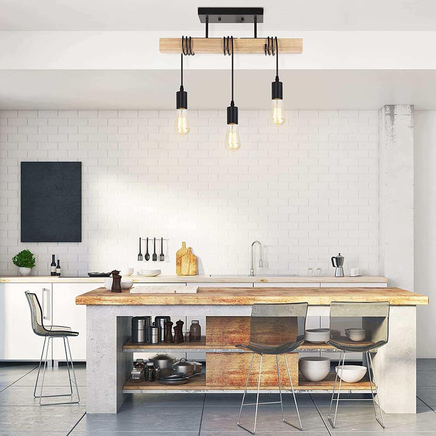 跨境美式实木吊灯创意复古工业风原色多头木艺客厅餐厅吸吊两用灯