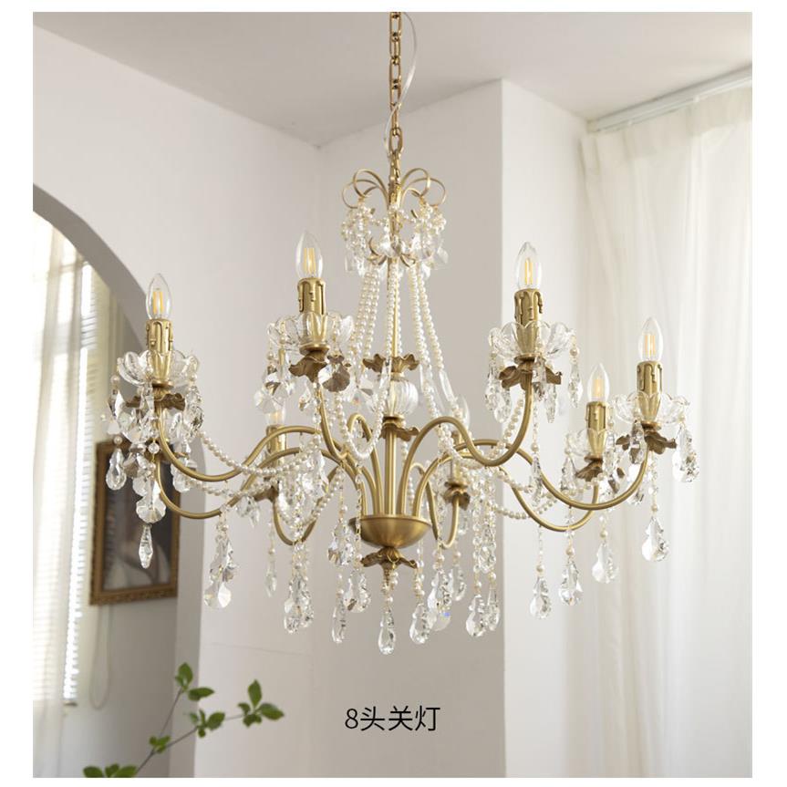 法式珍珠水晶全铜吊灯vintage中古美式欧式别墅客厅餐厅卧室吊灯