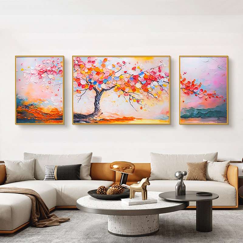 发财树客厅装饰画奶油风手绘油画沙发背景墙三联挂画立体肌理壁画图片